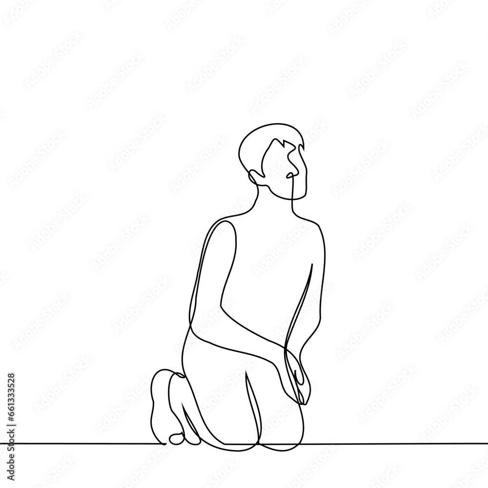 man sits on his knees, standing up, with his palms folded together in a pleading gesture - one line art vector. concept of praying or asking for help or alms