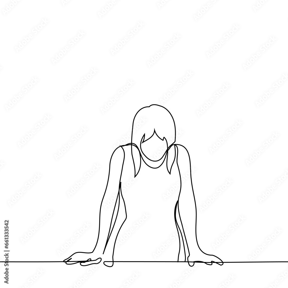 woman stands with her hands on the table and looks down - one line art vector. concept of reflection, dead end, logical task, thoughtfulness woman stands with her hands on the table and looks down - one line art vector. concept of reflection, dead end, logical task, thoughtfulness