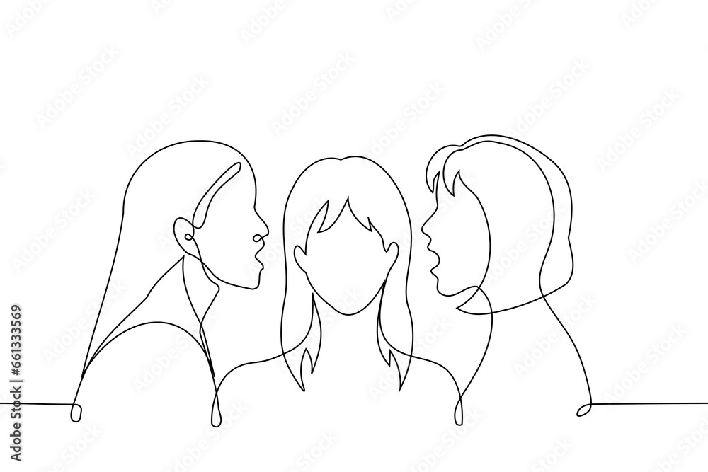 two women whisper in the ears of a woman standing between them - one line art vector. concept telling secrets, convincing, recruitment, brainwashing, to get her on their side two women whisper in the ears of a woman standing between them - one line art vector. concept telling secrets, convincing, recruitment, brainwashing, to get her on their side