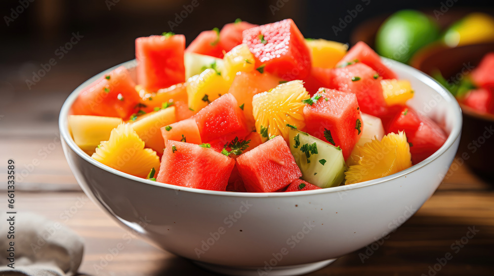 A colorful and refreshing bowl of fruit salad with watermelon, pineapple, and cantaloupe Ai Generative