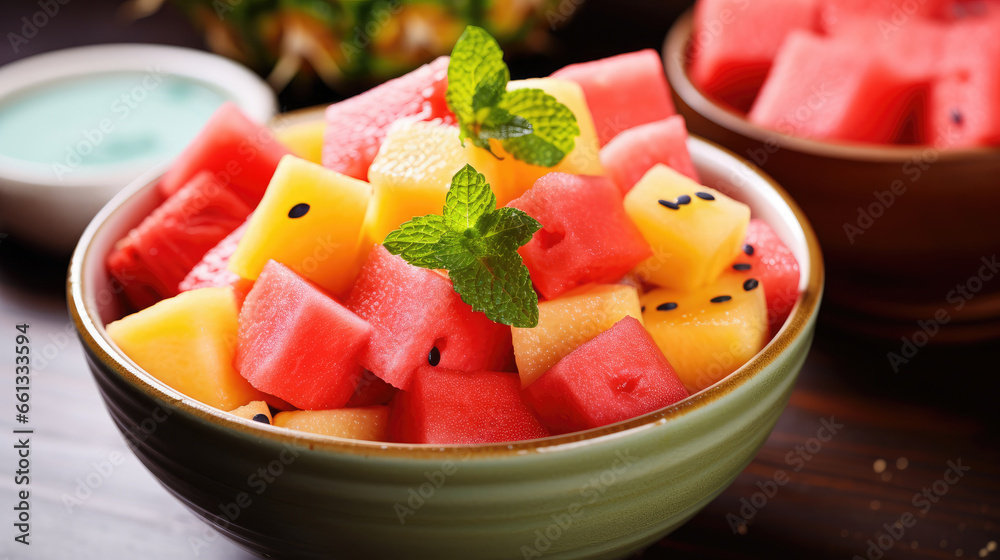 A colorful and refreshing bowl of fruit salad with watermelon, pineapple, and cantaloupe Ai Generative A colorful and refreshing bowl of fruit salad with watermelon, pineapple, and cantaloupe Ai Generative