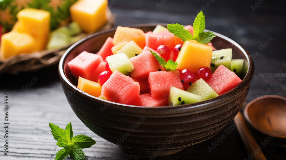 A colorful and refreshing bowl of fruit salad with watermelon, pineapple, and cantaloupe Ai Generative A colorful and refreshing bowl of fruit salad with watermelon, pineapple, and cantaloupe Ai Generative