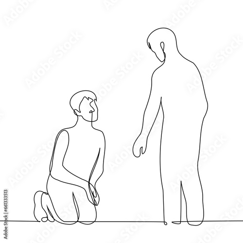 man sits on knees in front of standing man, palms folded together in pleading gesture, second one extends hand to him - one line art vector. concept of giving alms, charity, social assistance