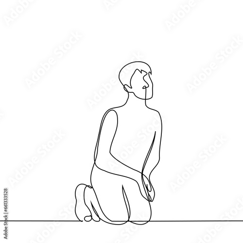 man sits on his knees, standing up, with his palms folded together in a pleading gesture - one line art vector. concept of praying or asking for help or alms