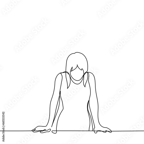 woman stands with her hands on the table and looks down - one line art vector. concept of reflection, dead end, logical task, thoughtfulness