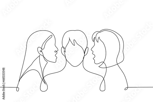 two women whisper in the ears of a man standing between them - one line art vector. concept competition between women for one man, men's brainwashing by women
