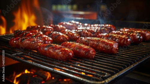 Shot of hand moving sausages around on an argentinian asado mixed grill photo