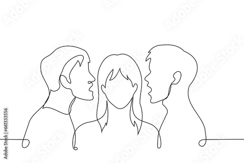 men whisper in ears of woman standing between them - one line art vector. concept competition between men for one woman, brainwashing of women by men, gaslighting, mansplaining