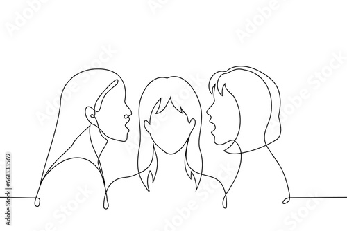 two women whisper in the ears of a woman standing between them - one line art vector. concept telling secrets, convincing, recruitment, brainwashing, to get her on their side