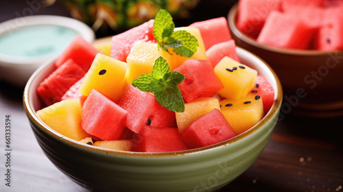 A colorful and refreshing bowl of fruit salad with watermelon, pineapple, and cantaloupe Ai Generative