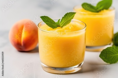 freshly prepared peach smoothie in a transparent glass with mint leaves
