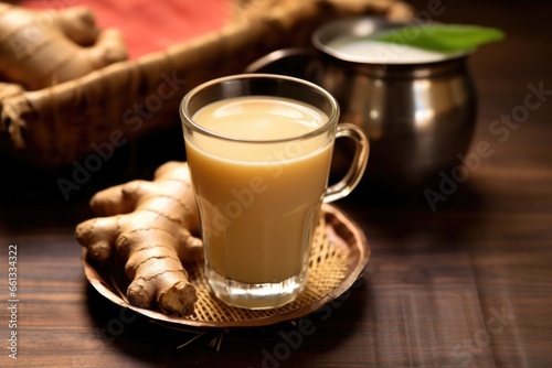 a steaming cup of chai beside a basket of fresh ginger