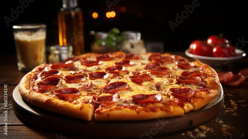 A juicy hot pepperoni pizza,