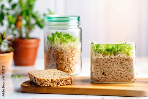 sprouted grain bread loaf next to glass jar of sprouts