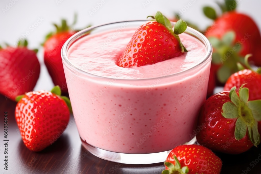 a close-up shot of a strawberry yogurt drink with tiny bubbles a close-up shot of a strawberry yogurt drink with tiny bubbles