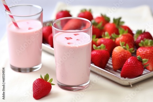 a strawberry yogurt drink in a frosted glass next to a cooling rack with fresh muffins