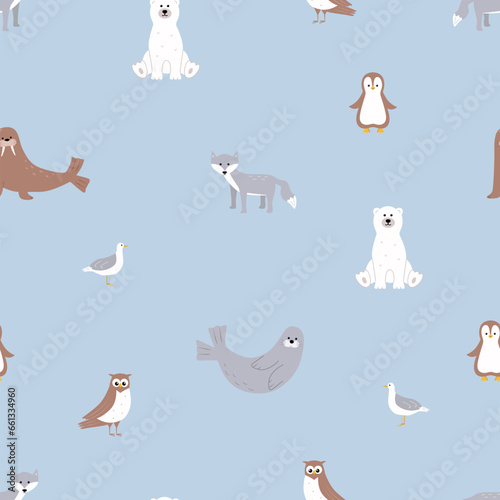 Seamless pattern Cute Arctic animals. Vector illustration with funny polar animals. Polar bear walrus seal seagull scribe owl.