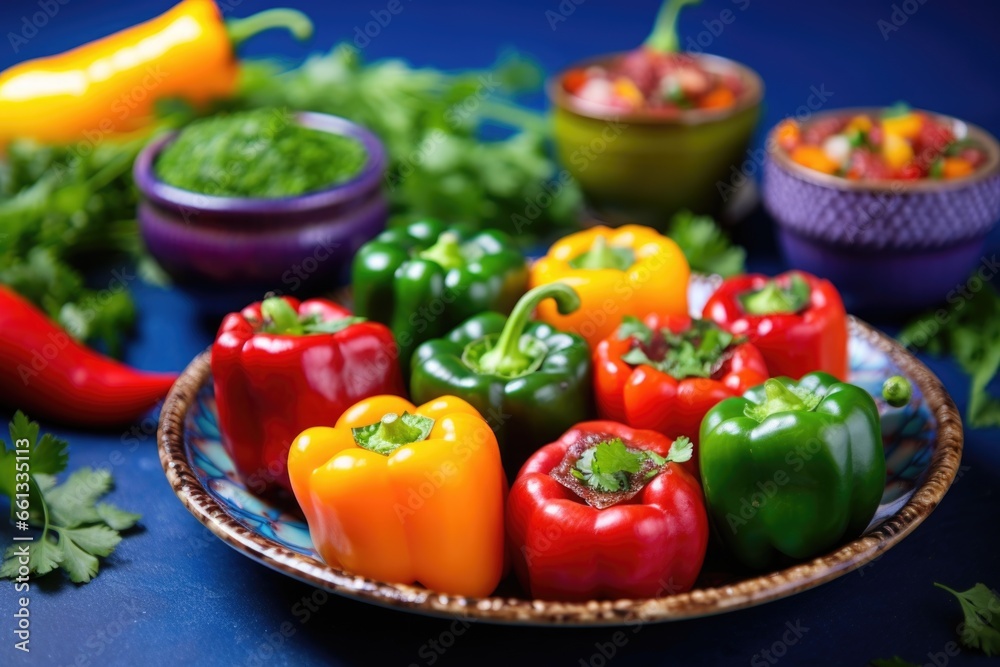 rainbow bell peppers stuffed with chunky salsa on a blue plate