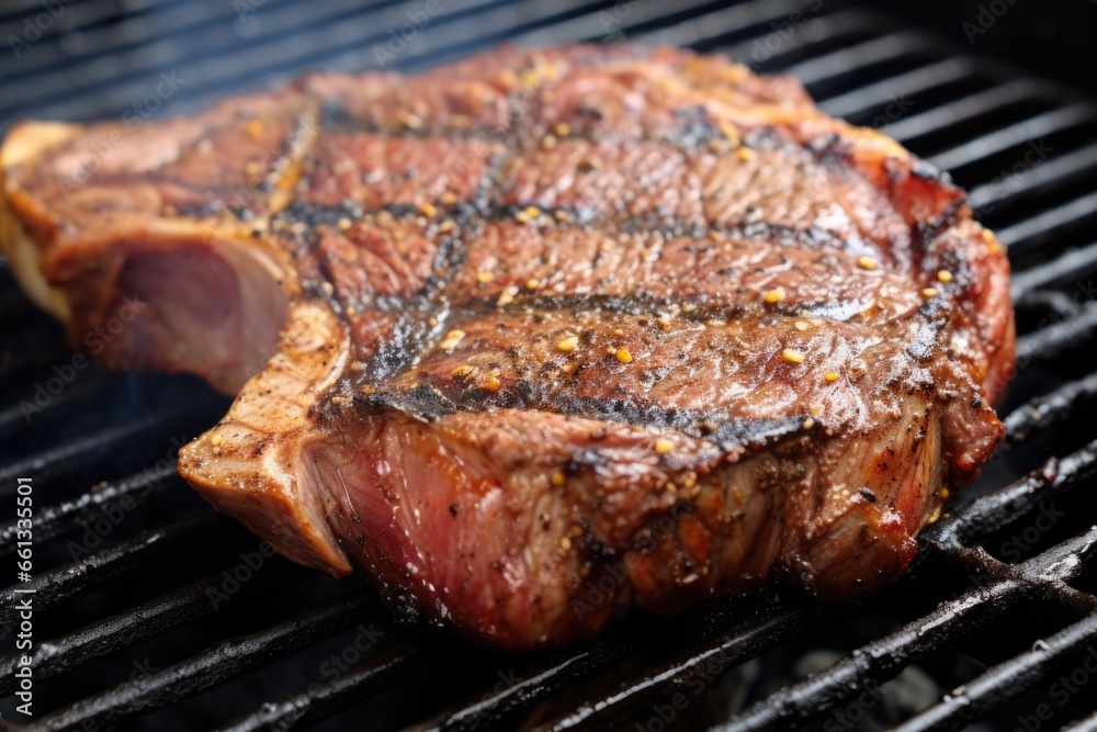 an up-close view of seared grill marks on t-bone steak