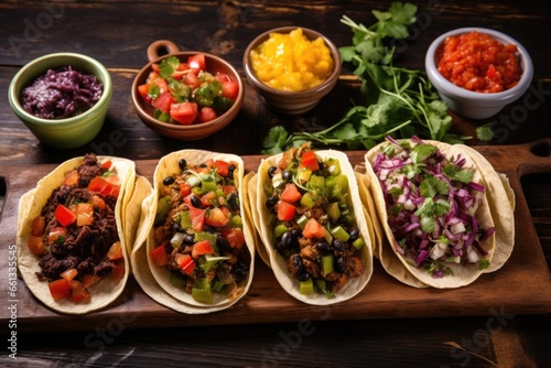 variety of tacos with different fillings on rustic table