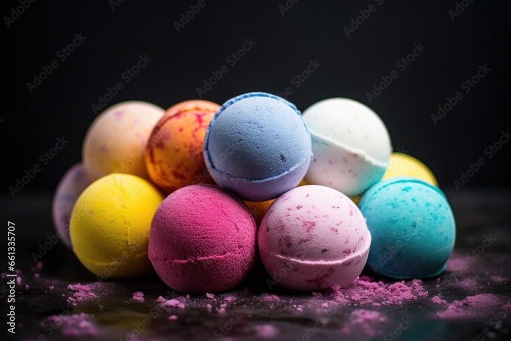 various colorful bath bombs on a dark backdrop various colorful bath bombs on a dark backdrop