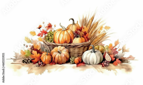 Watercolor composition for design, clip art, pumpkins, thanksgiving, autumn