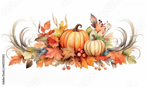 Watercolor composition for design, clip art, pumpkins, thanksgiving, autumn