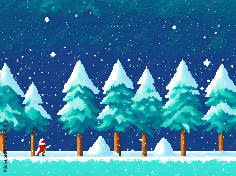 Winter landscape with snow and trees, winter snowy forest 8Bit pixel art, winter landscape vector illustration