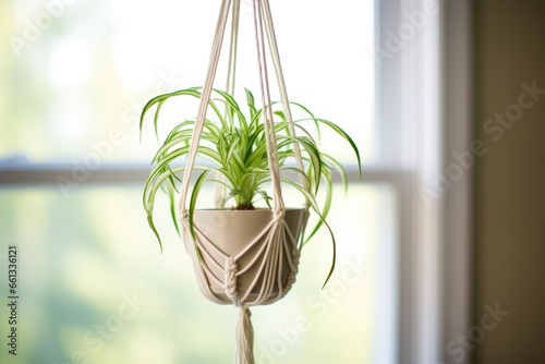 a spider plant hanging in a macrame plant holder photo