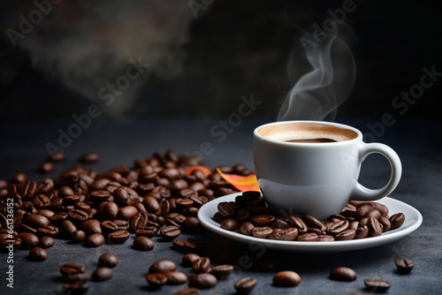 Cup of aromatic coffee and beans on grey table  Space for text