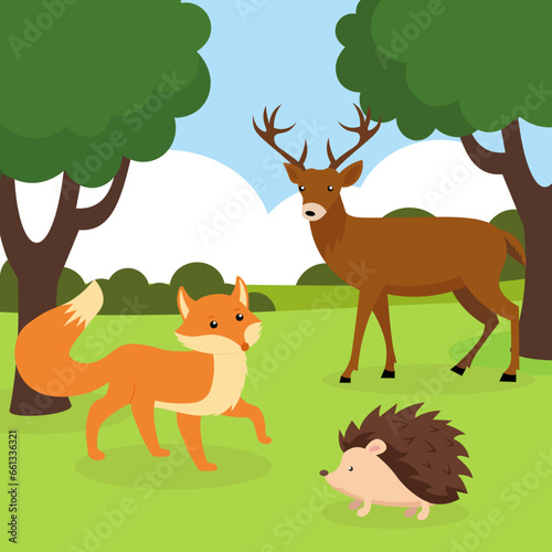 Wild animals in the forest. Vector illustration in flat cartoon style.