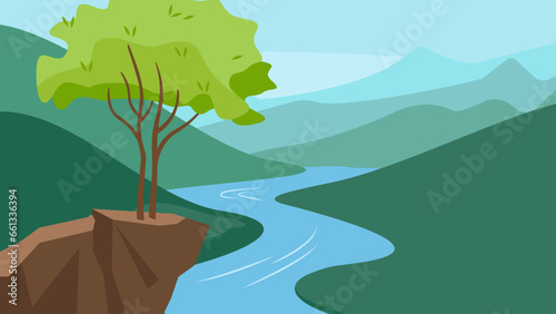 Landscape with a river and a tree. Vector illustration in flat style