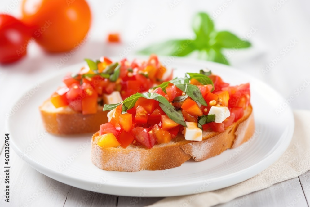 tomato and basil bruschetta on a white ceramic plate tomato and basil bruschetta on a white ceramic plate