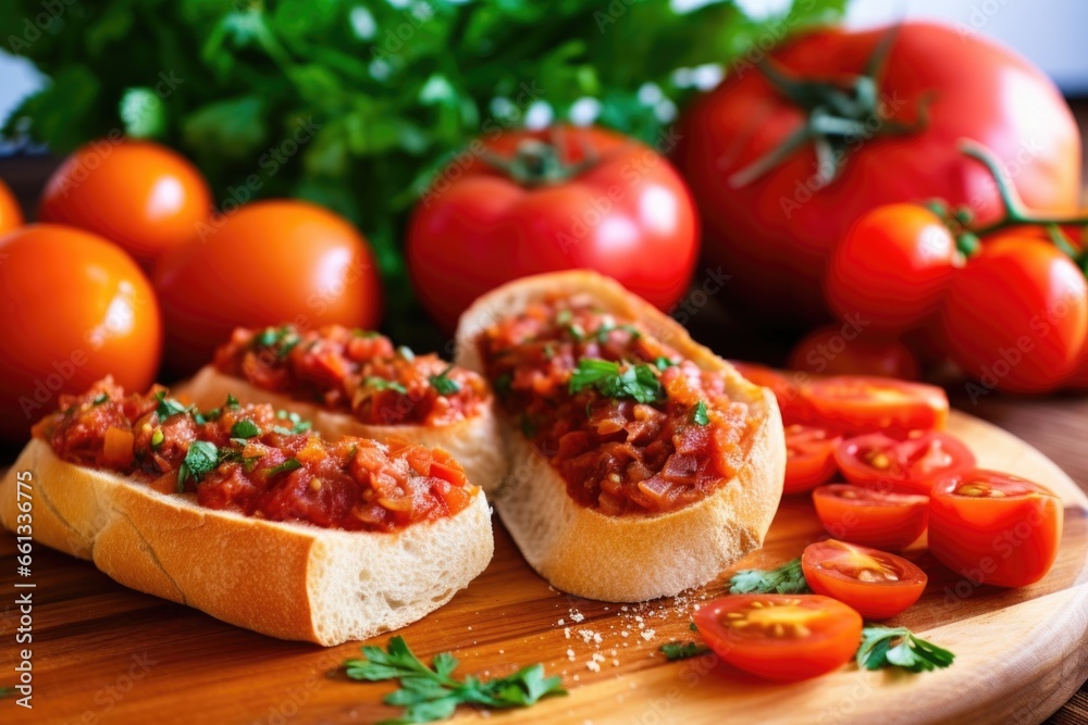 cross-section of ripe tomatoes next to made bruschetta cross-section of ripe tomatoes next to made bruschetta