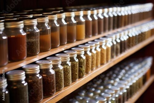 rows of neatly lined up tea and coffee jars