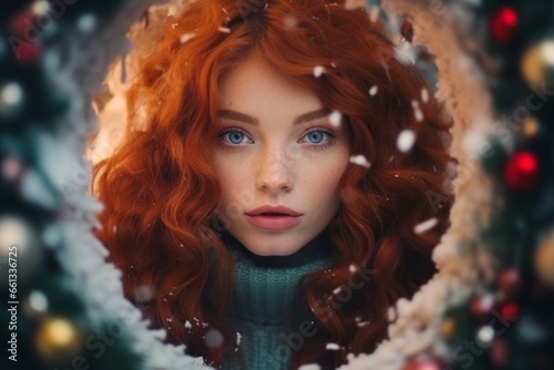 Amidst the winter wonderland  a stunning redhead gazes through a snow-covered hole  surrounded by festive wreaths and a christmas doll  her portrait exuding beauty and nostalgia in this scene