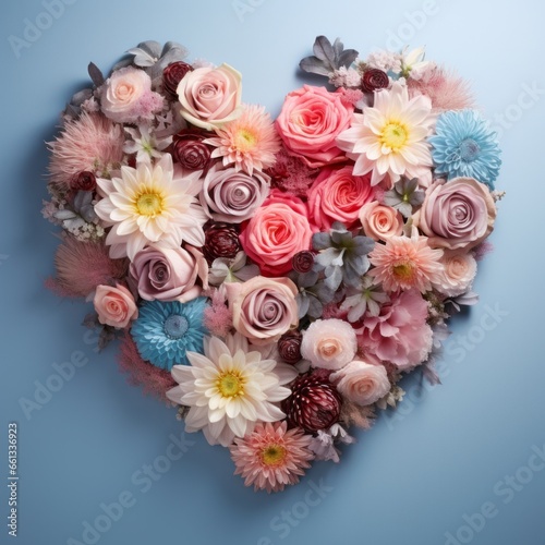 An exquisite indoor bouquet, bursting with vibrant rose petals and wild floristry, arranged in heart shape of love and beauty, copy space for text layout, christmas or happy new 2024 year celebration © Glittering Humanity