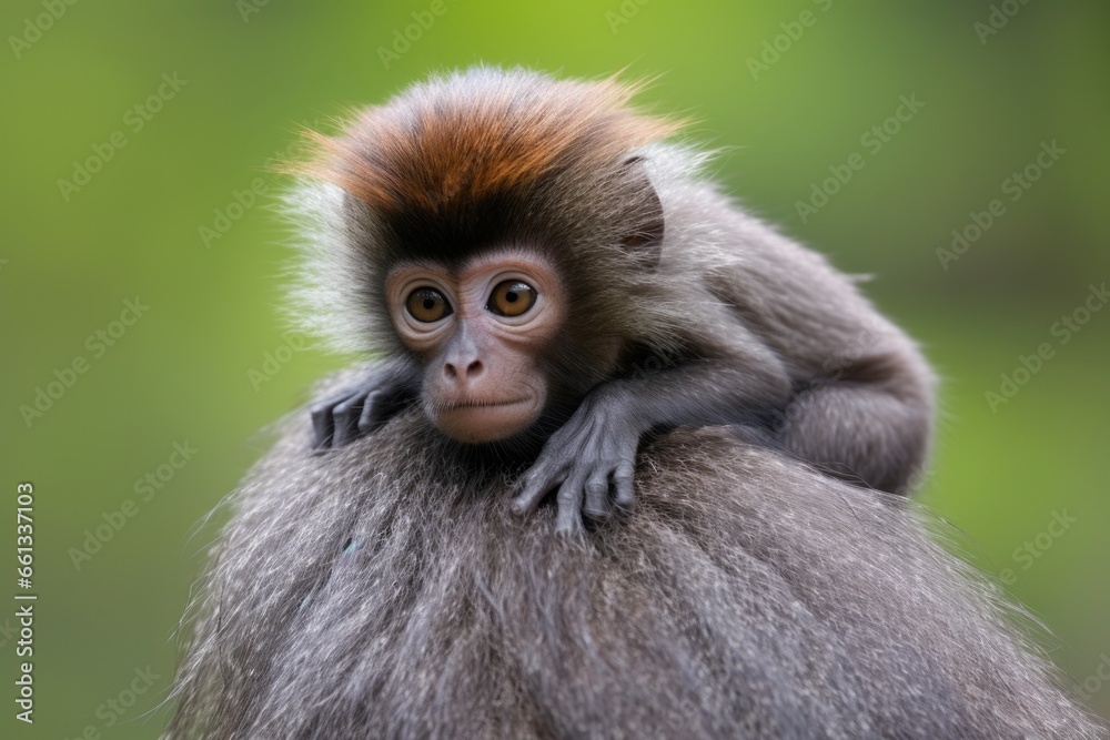 Fototapeta premium a monkey holding onto its mother胢s back