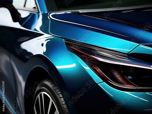 Close-up of blue sport car headlight. 3D rendering. 