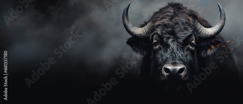Front view of Buffalo on gray background. Wild animals banner with copy space photo