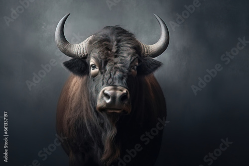 Front view of Buffalo on gray background. Wild animals banner with copy space