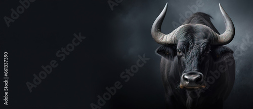 Front view of Buffalo on gray background. Wild animals banner with copy space © Uwe
