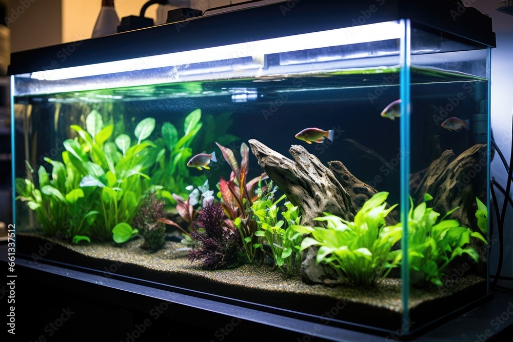 fish tank filter installed in an aquarium - obrazy, fototapety, plakaty 