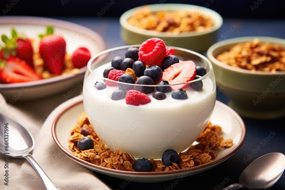 a bowl of yogurt topped with granola and berries a bowl of yogurt topped with granola and berries