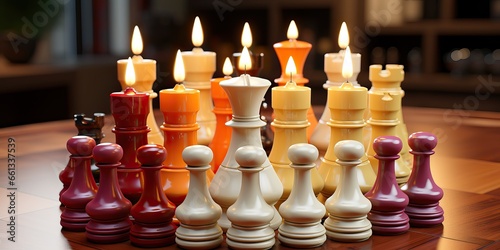 Chess pieces on a chessboard in black background. Chess pieces on a chessboard with candles. 