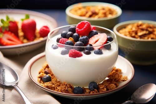 a bowl of yogurt topped with granola and berries