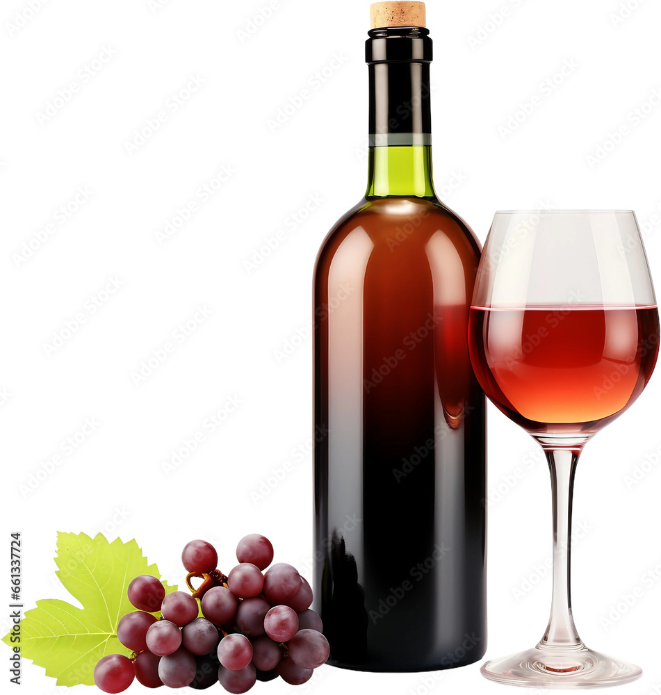 투명한 배경의 레드와인병과 글라스 와인