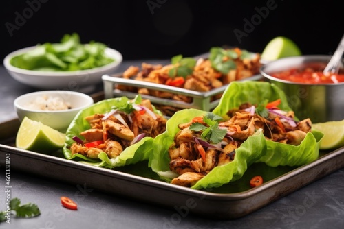 deli-style turkey lettuce wraps on a metal tray