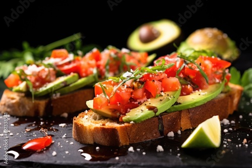 close shot of vegan bruschetta with avocado and sea salt flakes