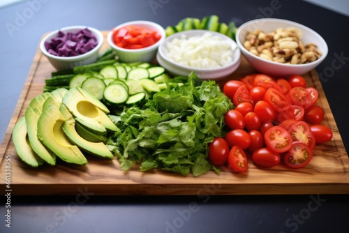 neatly prepared salad on a bright, clean board